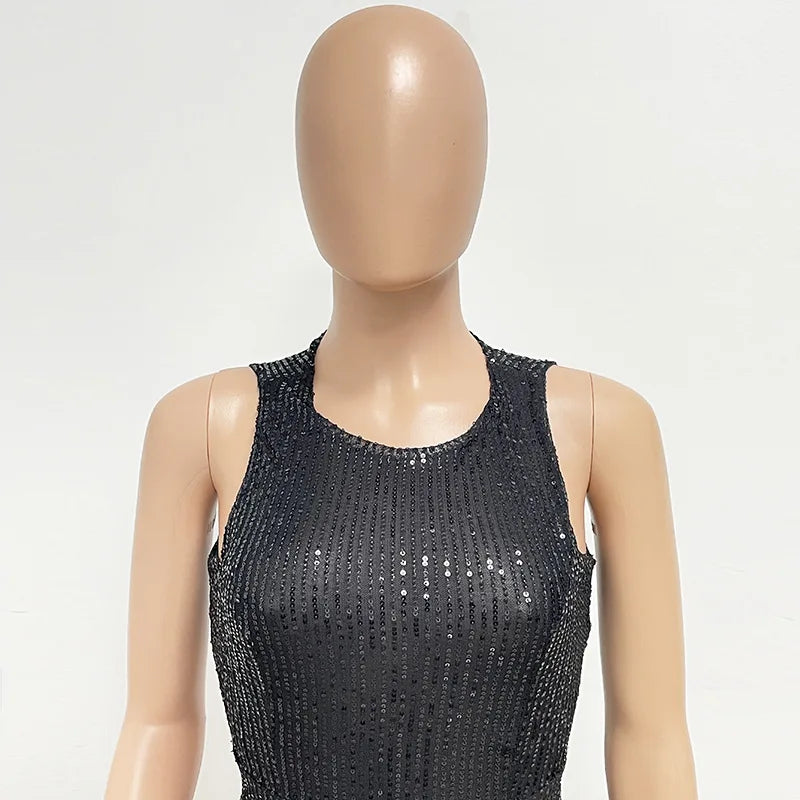 Sleeveless Sequined Jumpsuit Round Neck Slim Fit High Waist Sexy SprinSPECIFICATIONSBrand Name: mandylandyStyle: StreetwearAge: MIDDLE AGEOrigin: Mainland ChinaCN: GuangdongSeason: SummerMaterial: POLYESTERDecoration: SequinedFabric TyDMEwomenstorenull