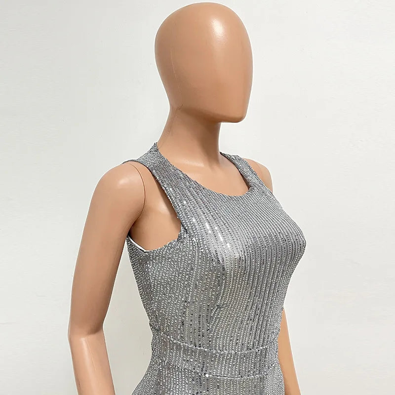 Sleeveless Sequined Jumpsuit Round Neck Slim Fit High Waist Sexy SprinSPECIFICATIONSBrand Name: mandylandyStyle: StreetwearAge: MIDDLE AGEOrigin: Mainland ChinaCN: GuangdongSeason: SummerMaterial: POLYESTERDecoration: SequinedFabric TyDMEwomenstorenull