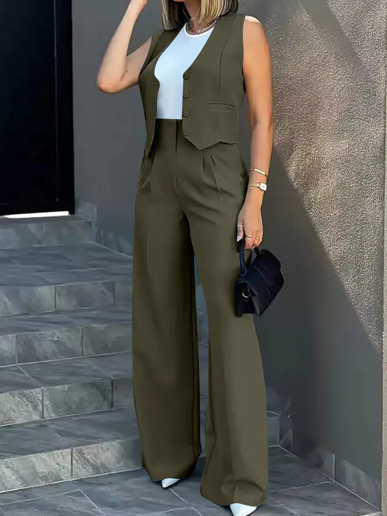 Women's casual slim notched blazer and waistcoat with high waist cargo pants in olive green.