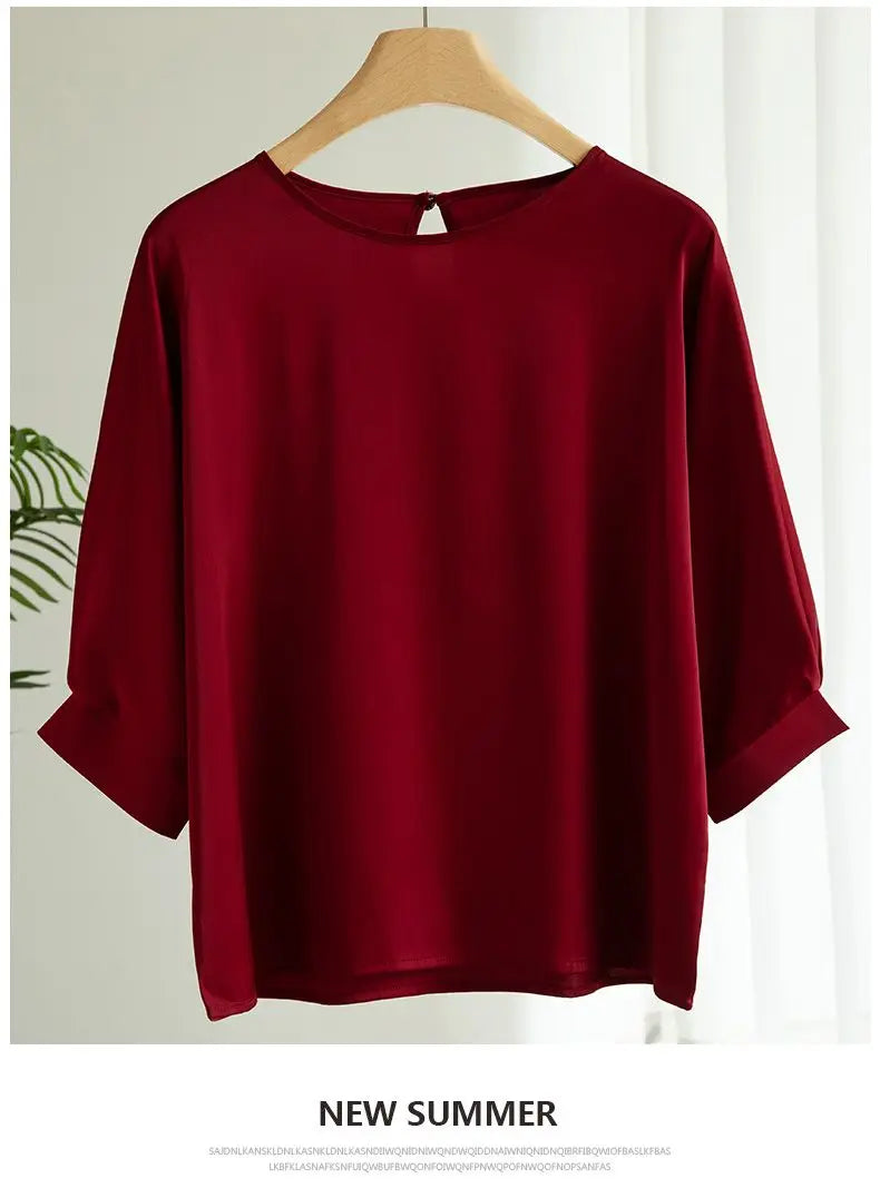 Blouse- Silk Half-Sleeve Tops Basic Solid Women Shirt Casual O-neck