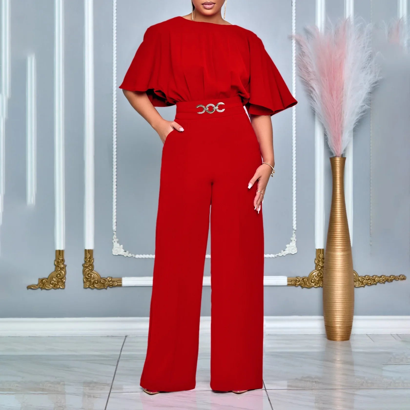 Jumpsuits Women Elegant Luxury O Neck Short Sleeve Belt Waisted StraigSPECIFICATIONSBrand Name: NoEnName_NullStyle: Office LadyAge: MIDDLE AGEOrigin: Mainland ChinaCN: GuangdongSeason: All seasonMaterial: POLYESTERDecoration: sashesFabDMEwomenstorenull