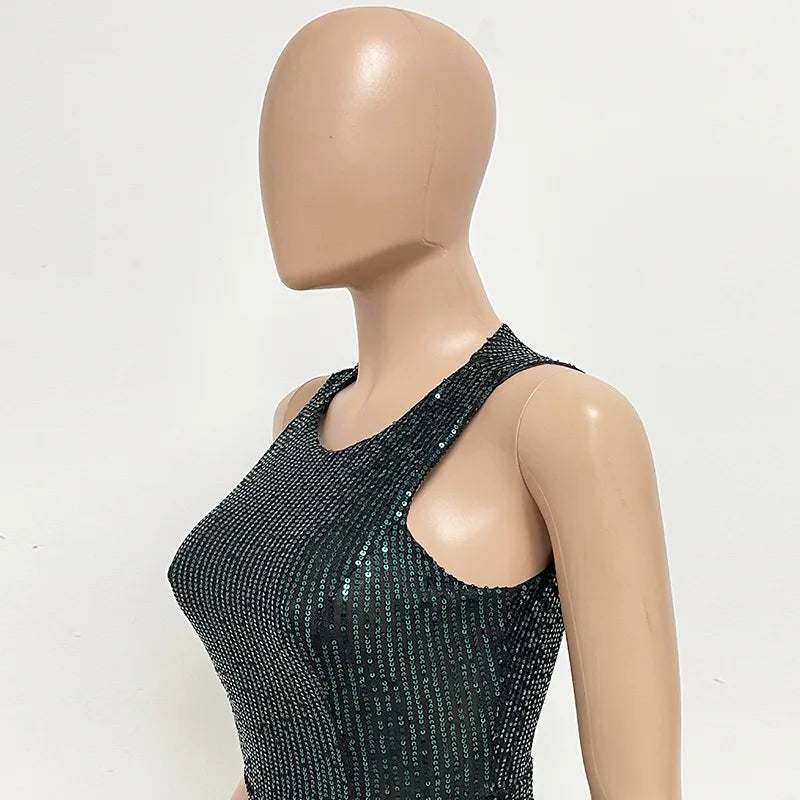 Sleeveless Sequined Jumpsuit Round Neck Slim Fit High Waist Sexy SprinSPECIFICATIONSBrand Name: mandylandyStyle: StreetwearAge: MIDDLE AGEOrigin: Mainland ChinaCN: GuangdongSeason: SummerMaterial: POLYESTERDecoration: SequinedFabric TyDMEwomenstorenull