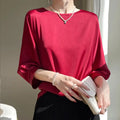 Blouse- Silk Half-Sleeve Tops Basic Solid Women Shirt Casual O-neck