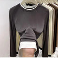 Contrasting Splicing Long Sleeved Round Neck T-shirt Base Shirt Warm TSPECIFICATIONSBrand Name: NoEnName_NullStyle: Office LadyAge: MIDDLE AGEOrigin: Mainland ChinaCN: GuangdongSeason: Autumn/WinterClothing Length: regularDecoration: PDMEwomenstorenull