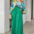 2-Pieces Set Print Blouse Solid High Waist Wide Leg Pants Elegant Lady