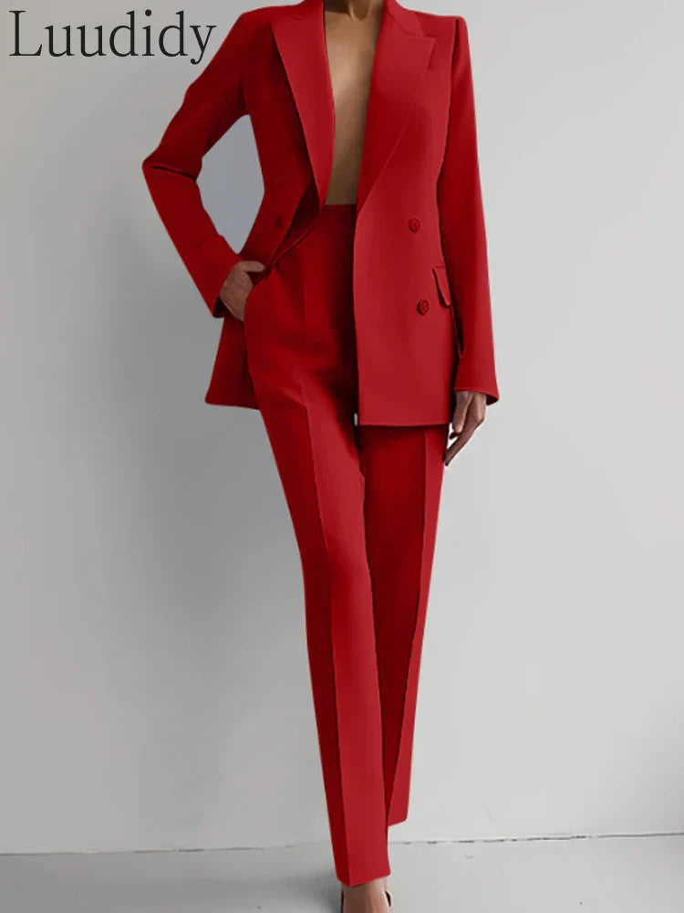 Women's red two-piece blazer suit with long sleeves and pencil pants, office lady style by Luudidy.