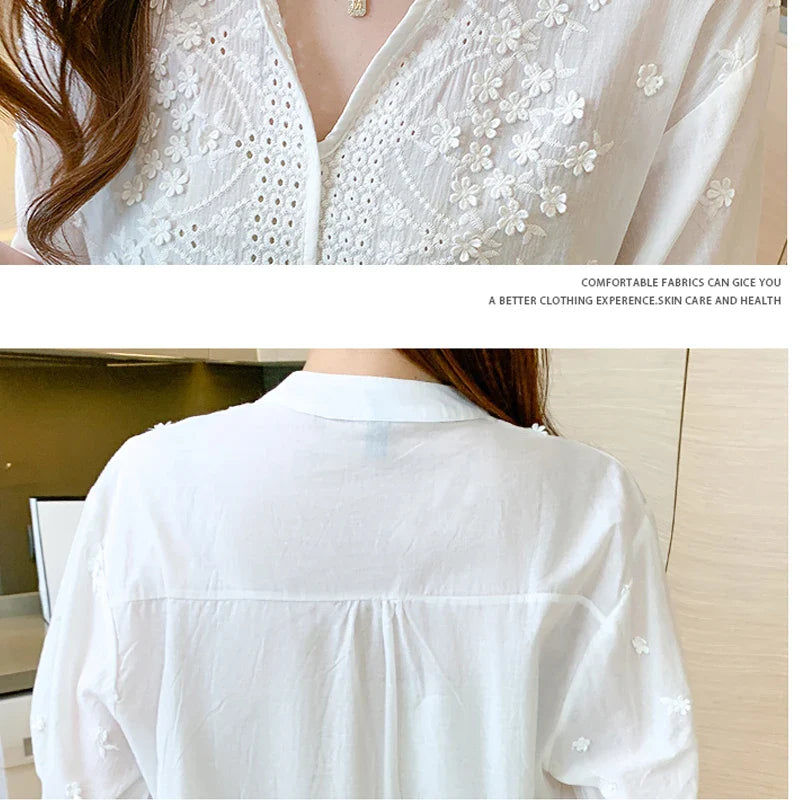 Short Sleeve Women Shirt Embroidery White Shirt V-neck Lantern SleeveSPECIFICATIONSBrand Name: SURE XIAO STORYStyle: vintageElasticity: Non StrechOrigin: Mainland ChinaCN: GuangdongSeason: Spring/SummerFabric Type: BroadclothMaterial:DMEwomenstorenull