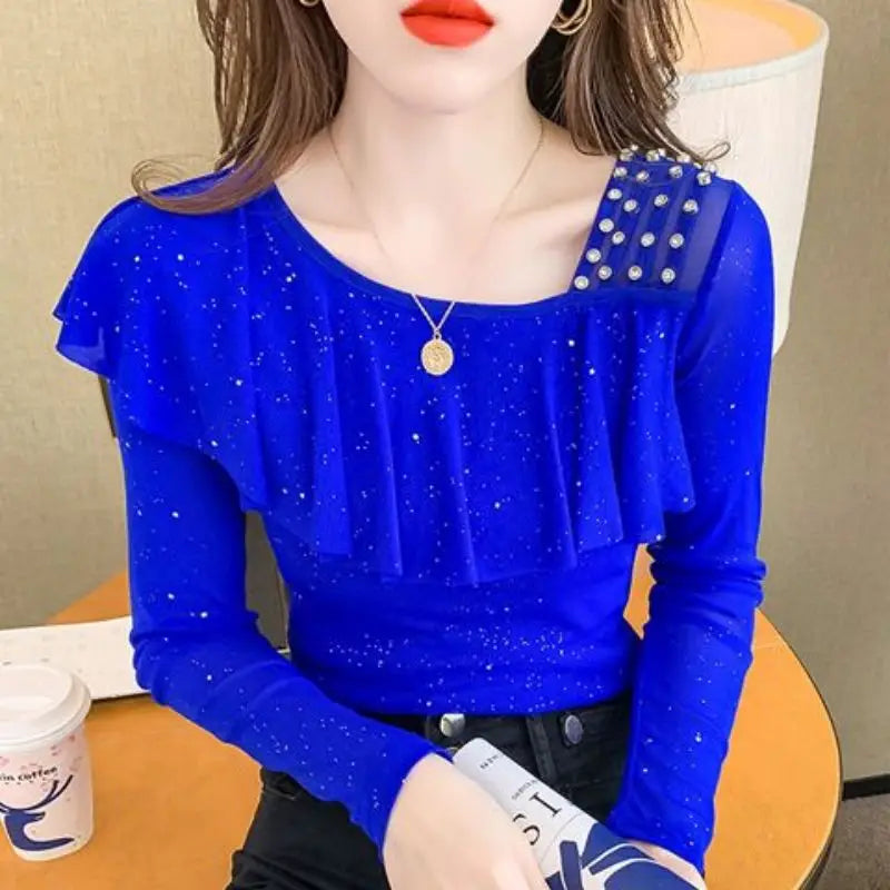 Sweet Skew Collar Spliced Gauze Ruffles Beading Blouse Female ClothingSPECIFICATIONSBrand Name: COZOKStyle: SweetElasticity: Slight StrechOrigin: Mainland ChinaSeason: Spring/SummerFabric Type: blendedMaterial: POLYESTERPattern Type: SDMEwomenstorenull