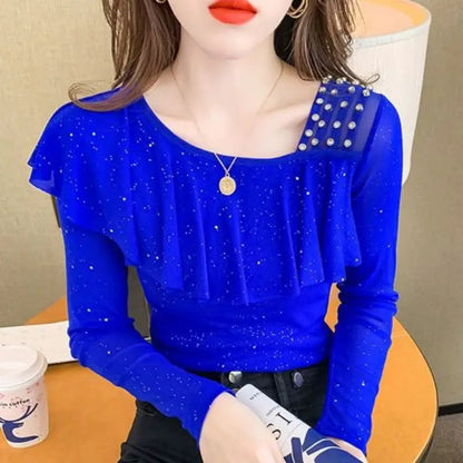 Sweet Skew Collar Spliced Gauze Ruffles Beading Blouse Female ClothingSPECIFICATIONSBrand Name: COZOKStyle: SweetElasticity: Slight StrechOrigin: Mainland ChinaSeason: Spring/SummerFabric Type: blendedMaterial: POLYESTERPattern Type: SDMEwomenstorenull