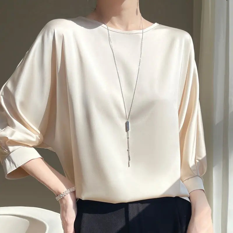 Blouse- Silk Half-Sleeve Tops Basic Solid Women Shirt Casual O-neck