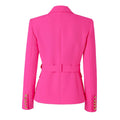 Luxury pink women's pocket blazer, double-breasted, notched collar, office style.