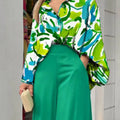 2-Pieces Set Print Blouse Solid High Waist Wide Leg Pants Elegant Lady