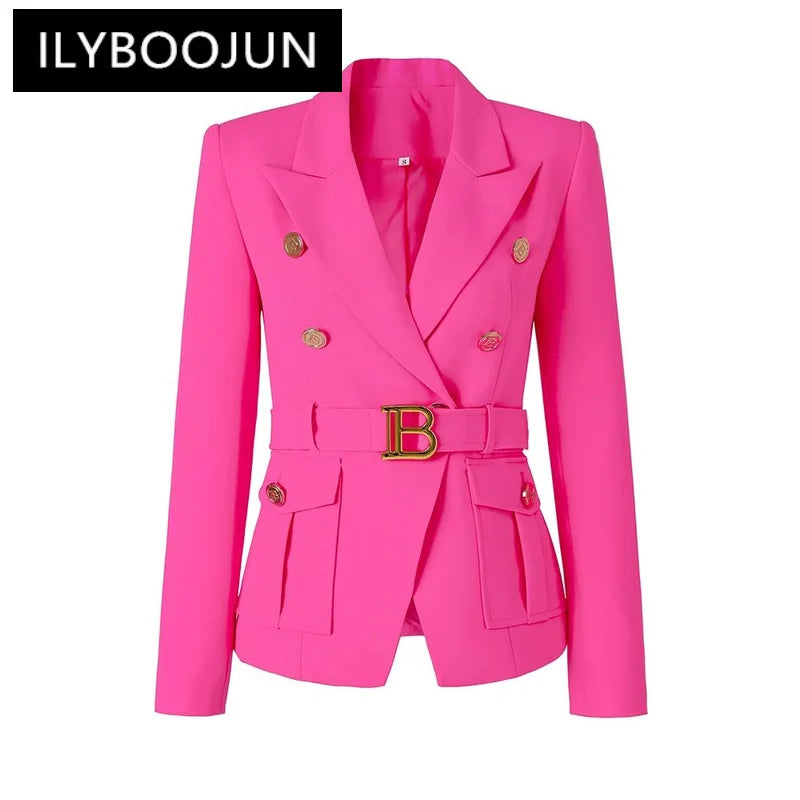 Luxury pink double-breasted women's blazer with pockets and belt, classic office style.