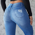 Ankle Length Ripped Hole High Waist Jean Sheath Pencil Denim Pants SkiSPECIFICATIONSBrand Name: kalenmosMaterial: POLYESTERElasticity: Slight StrechFabric Type: CoatedHign-concerned Chemical: NoneLength: Ankle-Length PantsFit Type: SKIDMEwomenstorenull