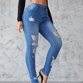 Ankle Length Ripped Hole High Waist Jean Sheath Pencil Denim Pants SkiSPECIFICATIONSBrand Name: kalenmosMaterial: POLYESTERElasticity: Slight StrechFabric Type: CoatedHign-concerned Chemical: NoneLength: Ankle-Length PantsFit Type: SKIDMEwomenstorenull