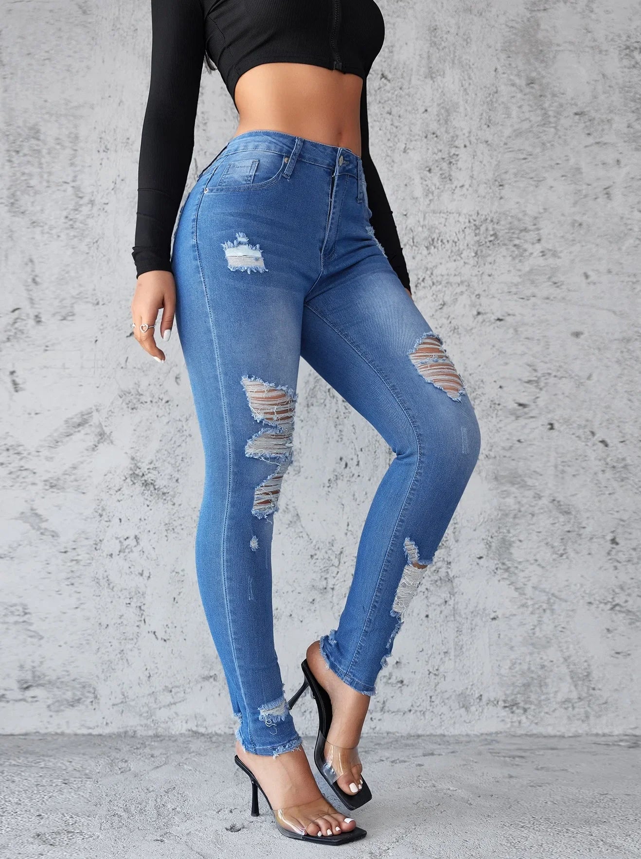 Ankle Length Ripped Hole High Waist Jean Sheath Pencil Denim Pants SkiSPECIFICATIONSBrand Name: kalenmosMaterial: POLYESTERElasticity: Slight StrechFabric Type: CoatedHign-concerned Chemical: NoneLength: Ankle-Length PantsFit Type: SKIDMEwomenstorenull