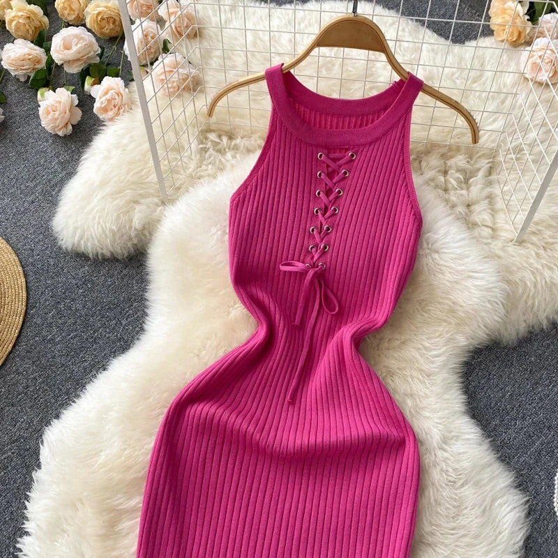 Sleeveless Elastic Knit Bodycon Dress French Sexy Chic Elegant WomenSPECIFICATIONSBrand Name: unidanceElasticity: High StrecthSleeve Style: Off The ShoulderFabric Type: KnittingHign-concerned Chemical: NonePattern Type: SolidFit TypeDMEwomenstorenull