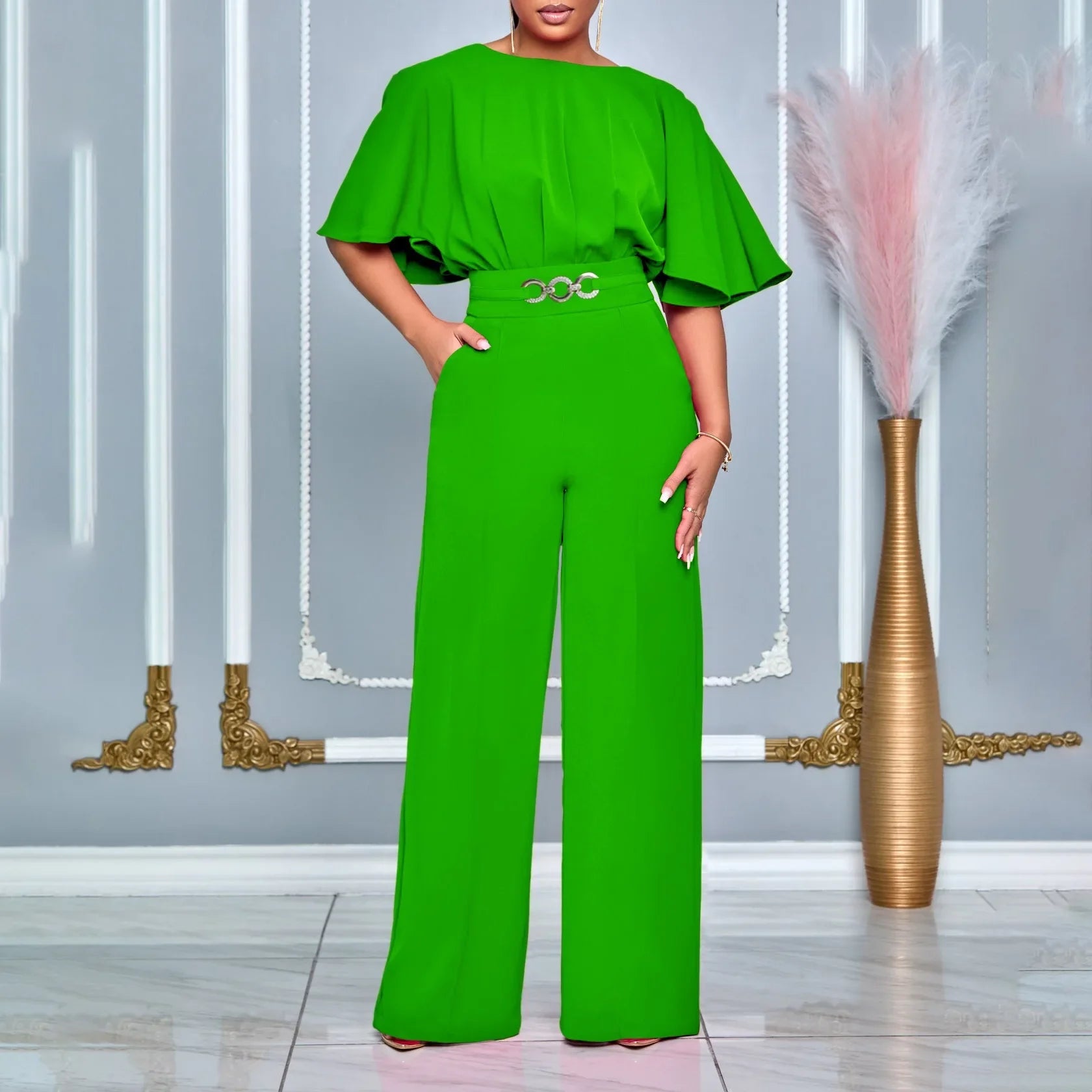 Jumpsuits Women Elegant Luxury O Neck Short Sleeve Belt Waisted StraigSPECIFICATIONSBrand Name: NoEnName_NullStyle: Office LadyAge: MIDDLE AGEOrigin: Mainland ChinaCN: GuangdongSeason: All seasonMaterial: POLYESTERDecoration: sashesFabDMEwomenstorenull