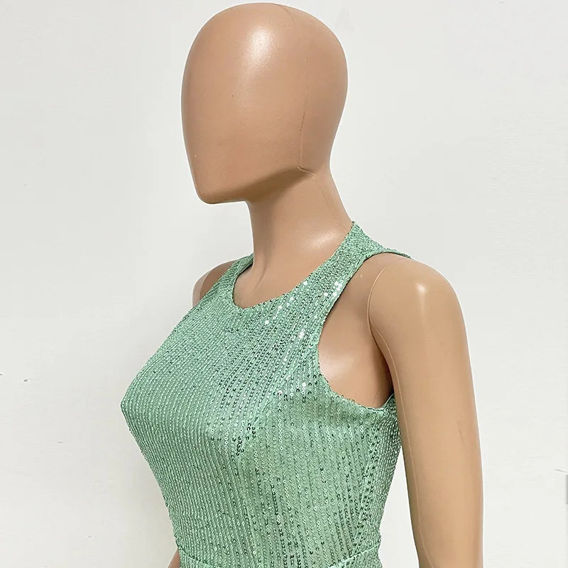 Sleeveless Sequined Jumpsuit Round Neck Slim Fit High Waist Sexy SprinSPECIFICATIONSBrand Name: mandylandyStyle: StreetwearAge: MIDDLE AGEOrigin: Mainland ChinaCN: GuangdongSeason: SummerMaterial: POLYESTERDecoration: SequinedFabric TyDMEwomenstorenull