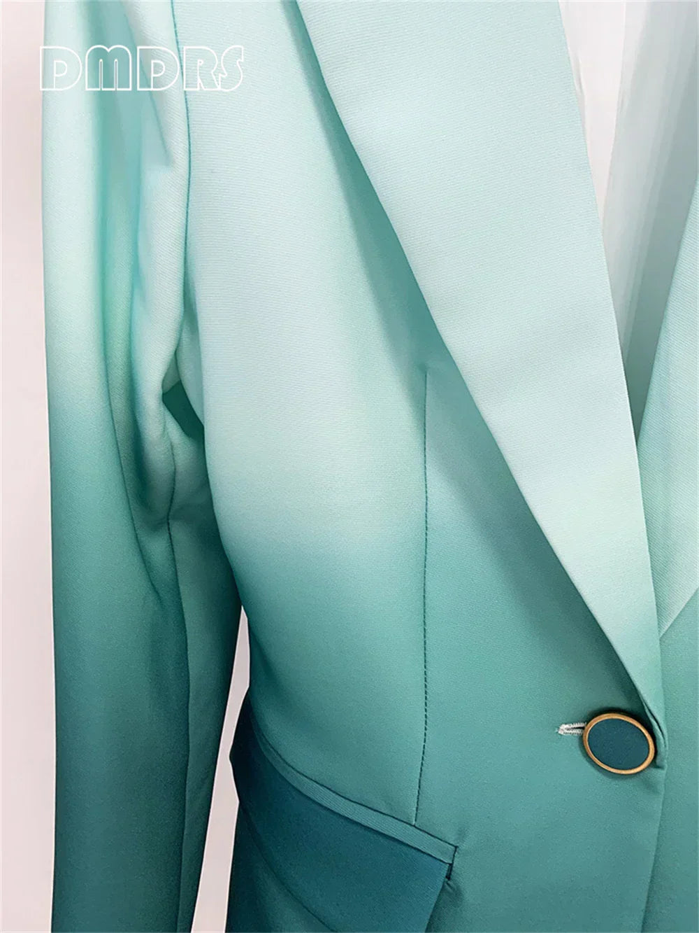 Gradient green slim fitting women's suit set, featuring a notched collar and single button closure.