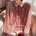 Shirt- High end Stripe Blouse Polo Collar Brooch Top women elegance