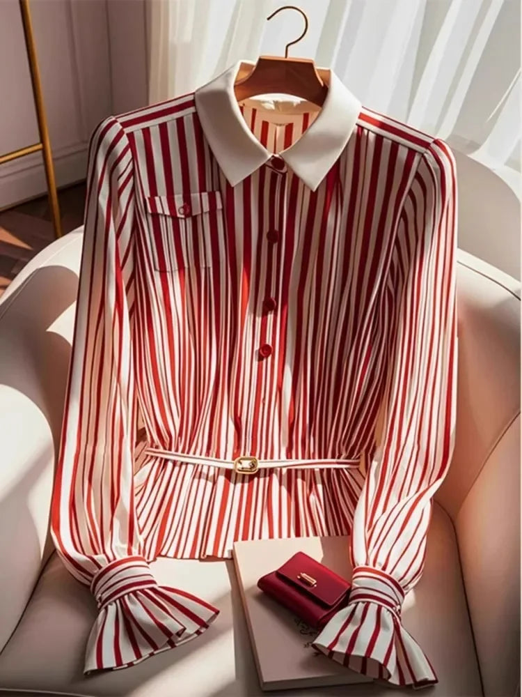 Shirt- High end Stripe Blouse Polo Collar Brooch Top women elegance