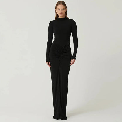 Elegant Sexy Long Dress Women Slim Round Neck Long Sleeves Fold Robe FSPECIFICATIONSWaistline: empireSupport: Wholesale &amp; Dropshipping27/300: 7/60Sleeve Style: regularSleeve Length(cm): FullBrand Name: hfwomenfzCraft of Weaving: TADMEwomenstorenull