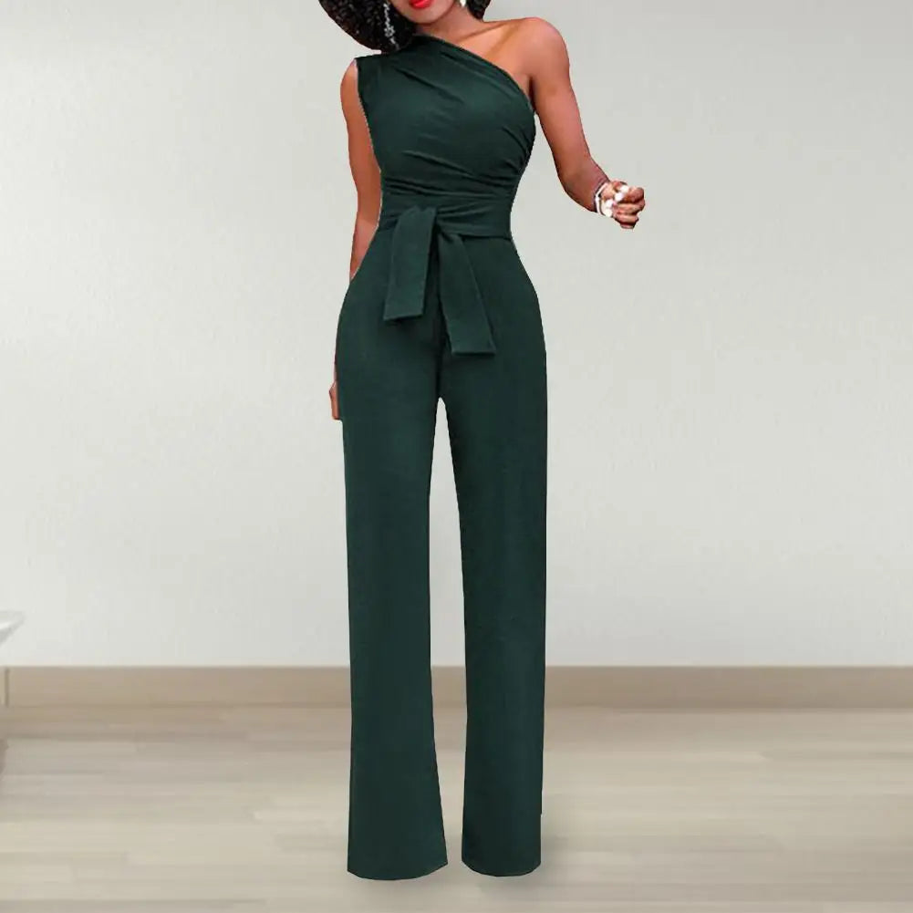 Sexy One Shoulder Jumpsuit Sleeveless Belt Wide Leg Elegant Lady New SSPECIFICATIONSAge: MIDDLE AGEBrand Name: SANWOODCN: GuangdongCraft of Weaving: OtherDecoration: PocketsFabric Type: BroadclothFabric content: 96% and aboveFit Type: DMEwomenstorenull