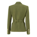 Elegant olive green women's blazer with notched collar, double-breasted style.