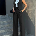 Women's casual blazer pant set with notched collar and cargo pants.