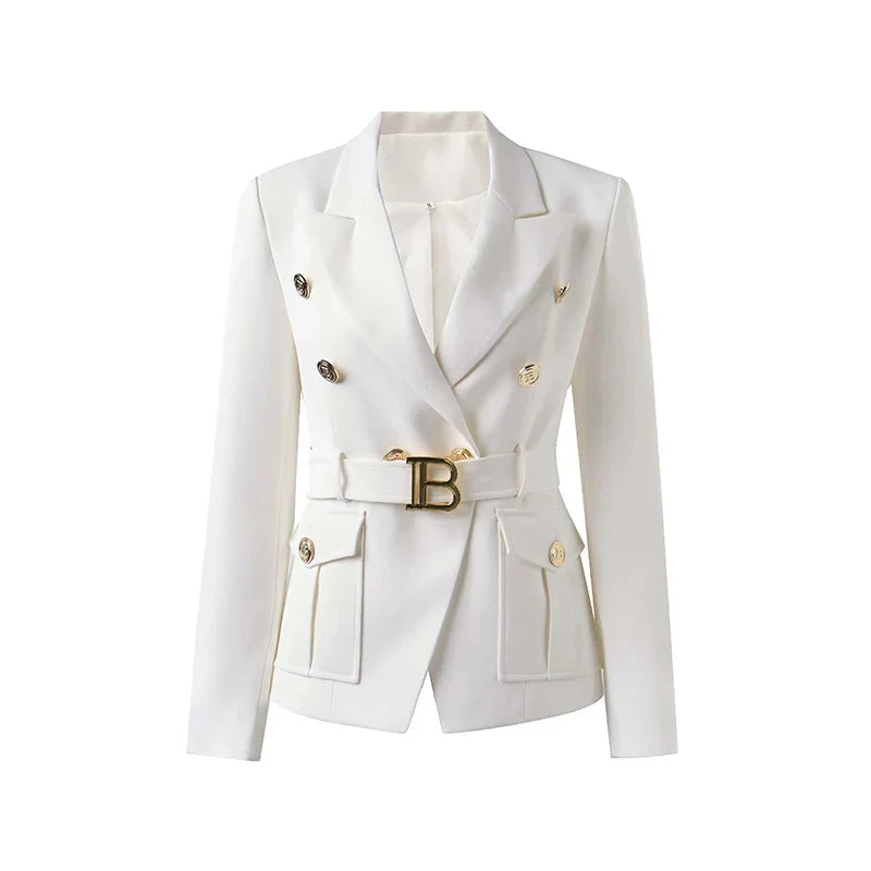 Luxury white double-breasted women's blazer with pockets and notched collar.