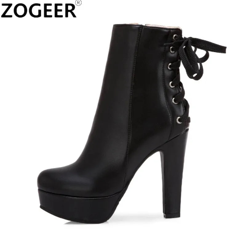 Fashion Ankle Boots Women Platform High Heels Short Boot Lace-up BlackSPECIFICATIONSBrand Name: ZOGEERBoot Type: basicShaft Material: PUOutsole Material: RUBBERUpper Material: PUHign-concerned Chemical: NoneOrigin: Mainland ChinaCN: SiDMEwomenstorenull