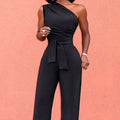 Sexy One Shoulder Jumpsuit Sleeveless Belt Wide Leg Elegant Lady New SSPECIFICATIONSAge: MIDDLE AGEBrand Name: SANWOODCN: GuangdongCraft of Weaving: OtherDecoration: PocketsFabric Type: BroadclothFabric content: 96% and aboveFit Type: DMEwomenstorenull