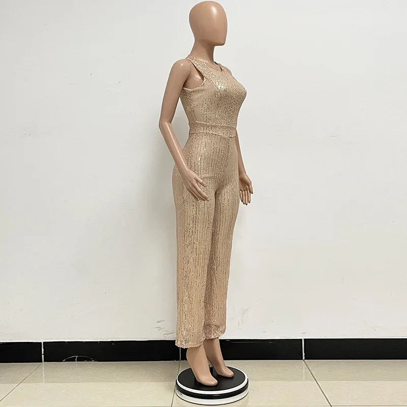 Sleeveless Sequined Jumpsuit Round Neck Slim Fit High Waist Sexy SprinSPECIFICATIONSBrand Name: mandylandyStyle: StreetwearAge: MIDDLE AGEOrigin: Mainland ChinaCN: GuangdongSeason: SummerMaterial: POLYESTERDecoration: SequinedFabric TyDMEwomenstorenull