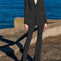 Gradient green slim-fitting women's suit set with spring blazer and flare pants, featuring a notched collar and single button closure.