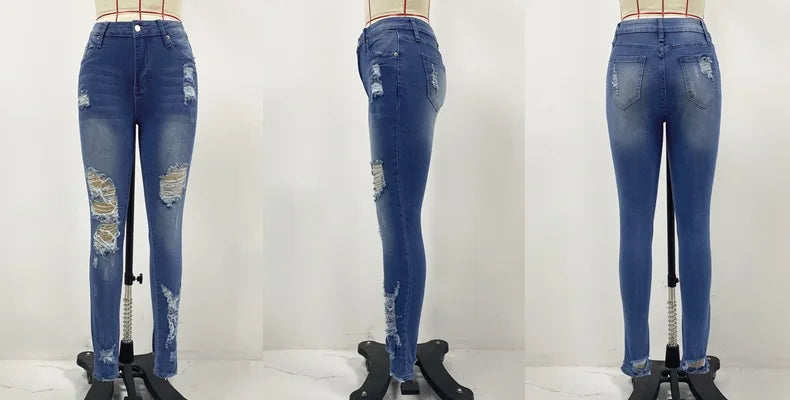 Ankle Length Ripped Hole High Waist Jean Sheath Pencil Denim Pants SkiSPECIFICATIONSBrand Name: kalenmosMaterial: POLYESTERElasticity: Slight StrechFabric Type: CoatedHign-concerned Chemical: NoneLength: Ankle-Length PantsFit Type: SKIDMEwomenstorenull