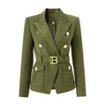 Luxury women's double-breasted blazer in classic style with pockets and notched collar.