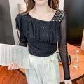 Sweet Skew Collar Spliced Gauze Ruffles Beading Blouse Female ClothingSPECIFICATIONSBrand Name: COZOKStyle: SweetElasticity: Slight StrechOrigin: Mainland ChinaSeason: Spring/SummerFabric Type: blendedMaterial: POLYESTERPattern Type: SDMEwomenstorenull