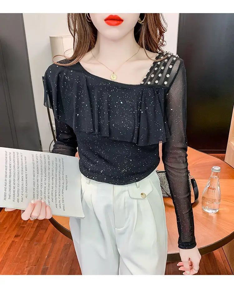 Sweet Skew Collar Spliced Gauze Ruffles Beading Blouse Female ClothingSPECIFICATIONSBrand Name: COZOKStyle: SweetElasticity: Slight StrechOrigin: Mainland ChinaSeason: Spring/SummerFabric Type: blendedMaterial: POLYESTERPattern Type: SDMEwomenstorenull