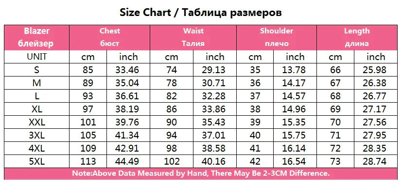 Size chart for women's long sleeve outwear blazer, displaying measurements in centimeters and inches for sizes S to 5XL.