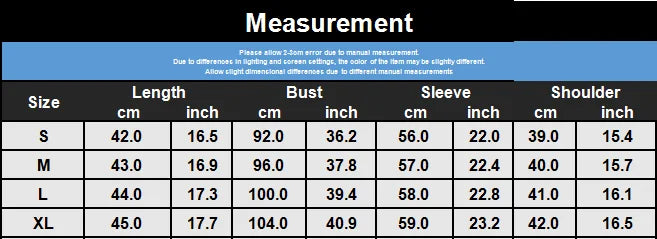 Size chart for women's loose short suit jacket, showing dimensions in cm and inches for sizes S to XL.