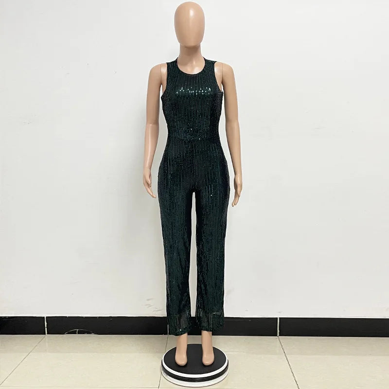 Sleeveless Sequined Jumpsuit Round Neck Slim Fit High Waist Sexy SprinSPECIFICATIONSBrand Name: mandylandyStyle: StreetwearAge: MIDDLE AGEOrigin: Mainland ChinaCN: GuangdongSeason: SummerMaterial: POLYESTERDecoration: SequinedFabric TyDMEwomenstorenull