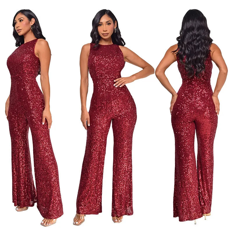 Sleeveless Sequined Jumpsuit Round Neck Slim Fit High Waist Sexy SprinSPECIFICATIONSBrand Name: mandylandyStyle: StreetwearAge: MIDDLE AGEOrigin: Mainland ChinaCN: GuangdongSeason: SummerMaterial: POLYESTERDecoration: SequinedFabric TyDMEwomenstorenull