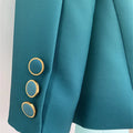 Gradient green slim-fitting women's suit set with chic blazer and gold button details.