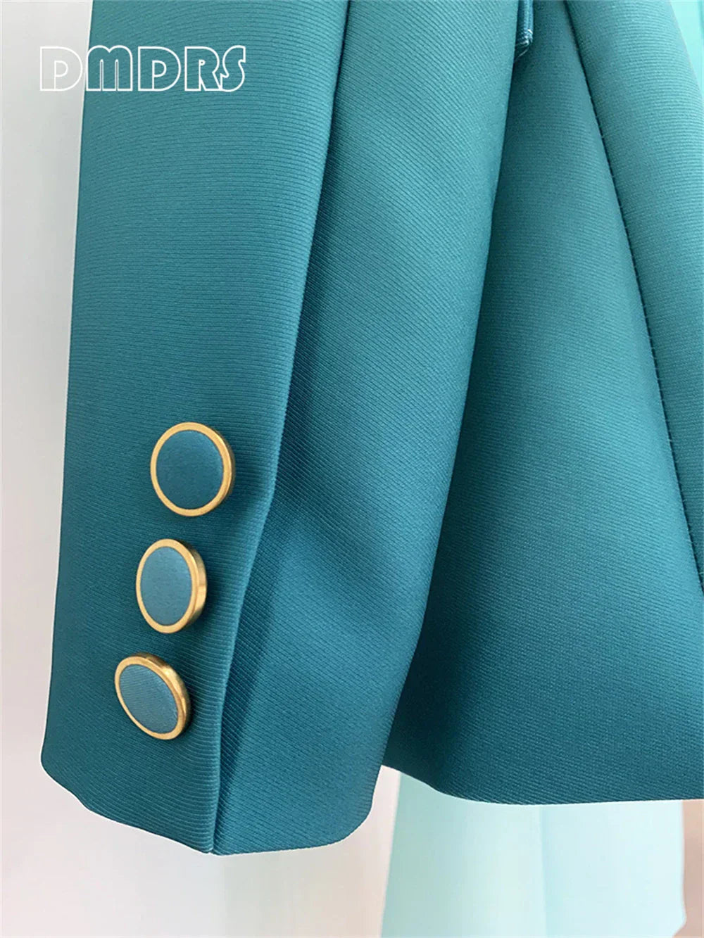 Gradient green slim-fitting women's suit set with chic blazer and gold button details.