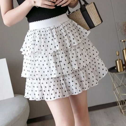 Skirts- Elastic High Waist Sweet Chiffon Ruffled Mini Pleated Skirt