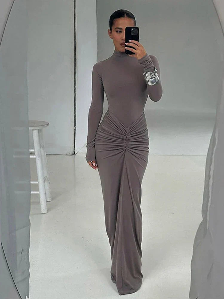 Elegant Sexy Long Dress Women Slim Round Neck Long Sleeves Fold Robe FSPECIFICATIONSWaistline: empireSupport: Wholesale &amp; Dropshipping27/300: 7/60Sleeve Style: regularSleeve Length(cm): FullBrand Name: hfwomenfzCraft of Weaving: TADMEwomenstorenull