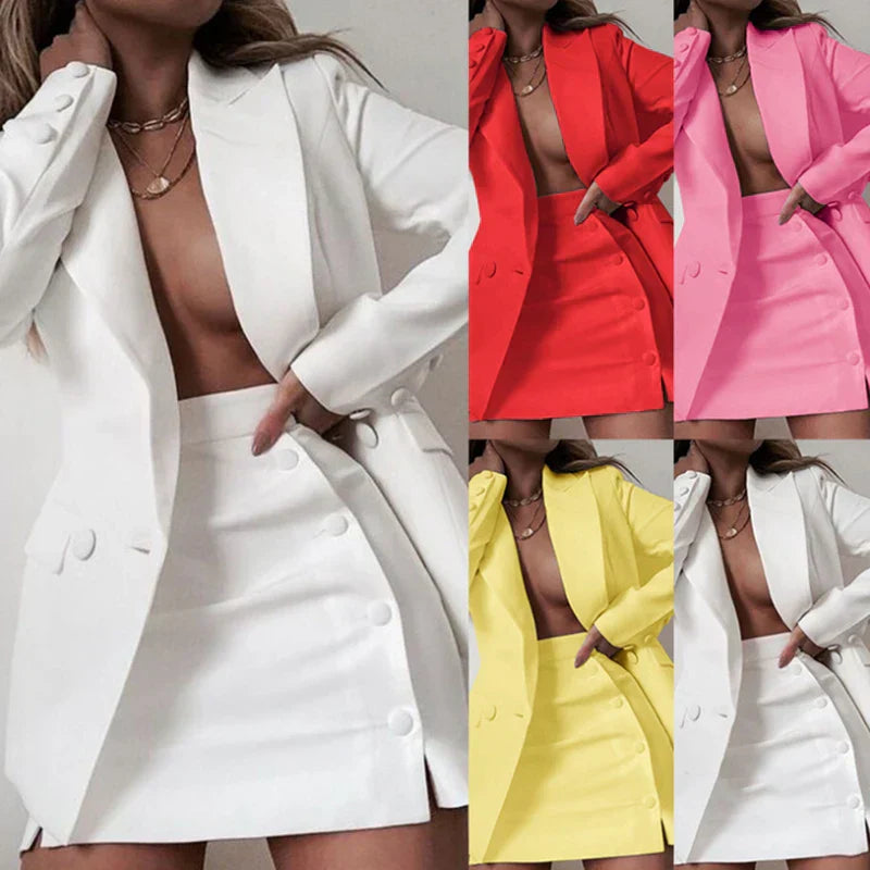 Jacket Sets - Women's 2 Piece Streetwear Blazer & Coat Set, Skirt and Suit