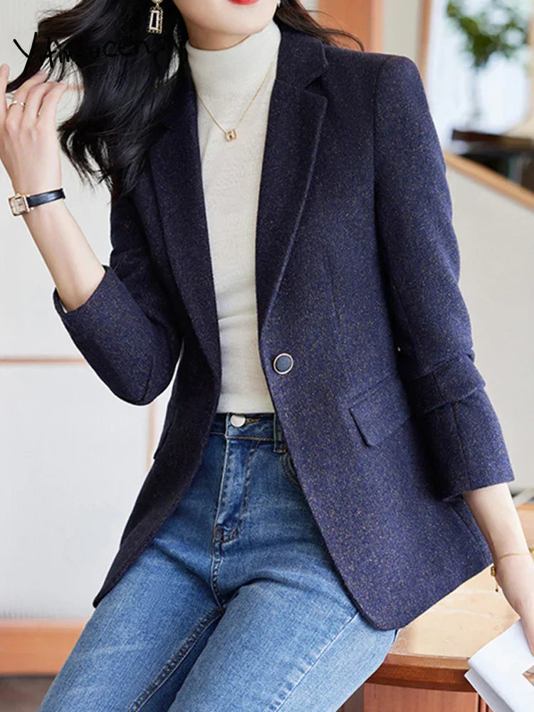 Elegant long-sleeve women's blazer with turn-down collar and single-button closure