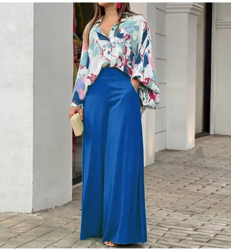 2-Pieces Set Print Blouse Solid High Waist Wide Leg Pants Elegant Lady